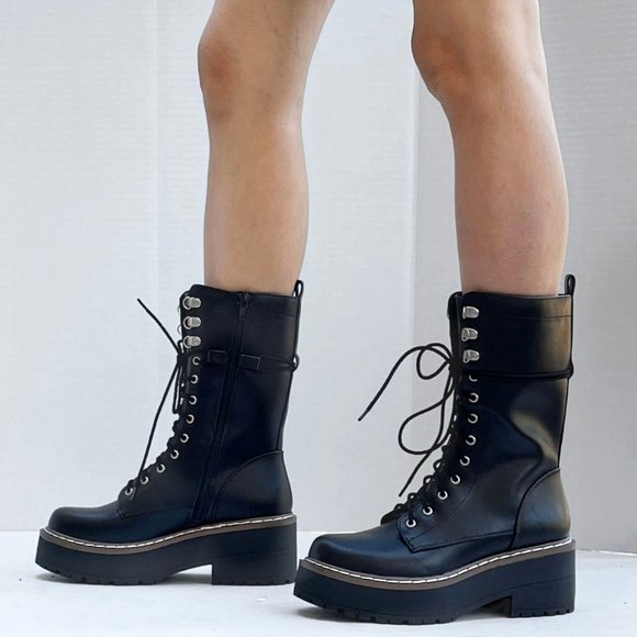 New Black Platform Lace Up Mid-Calf Combat Military Boots - Picture 3 of 5
